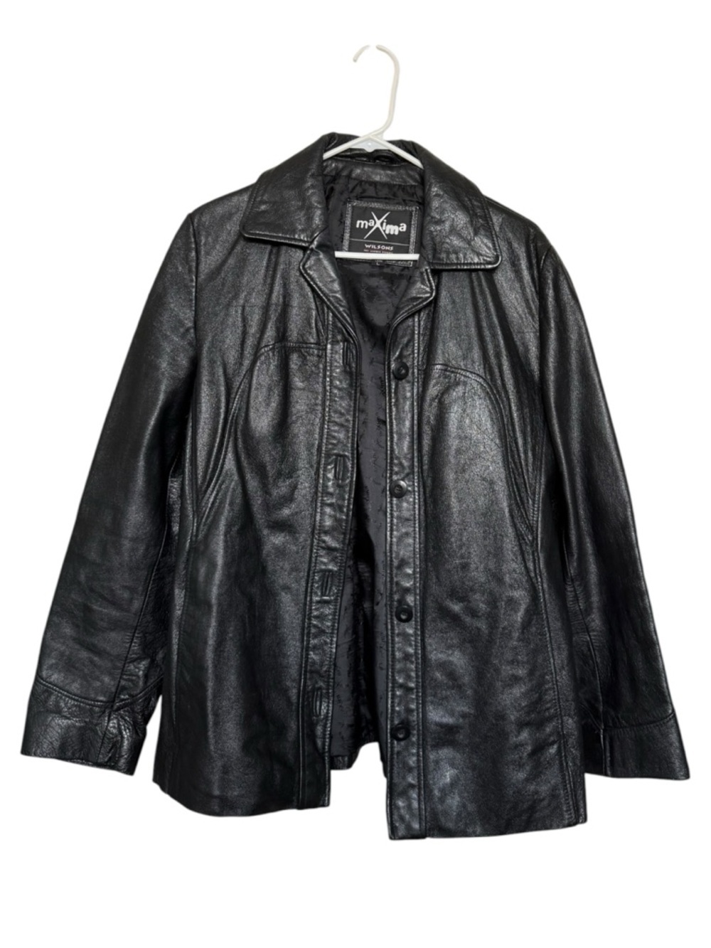 Wilsons Leather Maxima Black Leather Button Front Jacket Vintage Size L